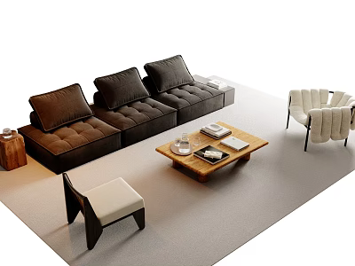 Modern Dark Brown Sofa and Wooden Coffee Table Set with Accent Chairs and Decorative Items 3d model