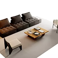 Modern Dark Brown Sofa and Wooden Coffee Table Set with Accent Chairs and Decorative Items