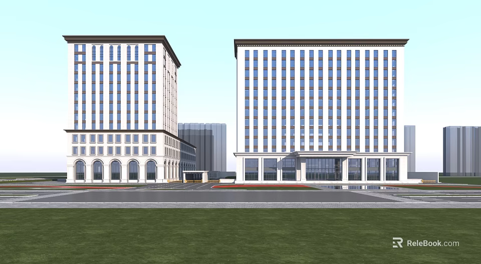 Modern Twin Office Buildings With Blue White Glass Curtain Walls And Green Lawn Square 3d model 