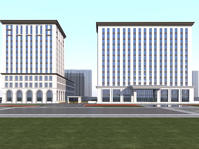Modern Twin Office Buildings With Blue White Glass Curtain Walls And Green Lawn Square 3d model