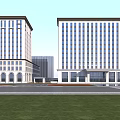 Modern Twin Office Buildings With Blue White Glass Curtain Walls And Green Lawn Square