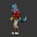Anthropomorphic Wolf Character 3D Model With Red Jacket Blue Shoulders Beige Pants Yellow Gloves Standing Pose