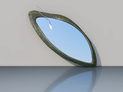 Green Framed Oval Hinged Door With Tag On Gray Surface Reflecting Blue Sky 3d model