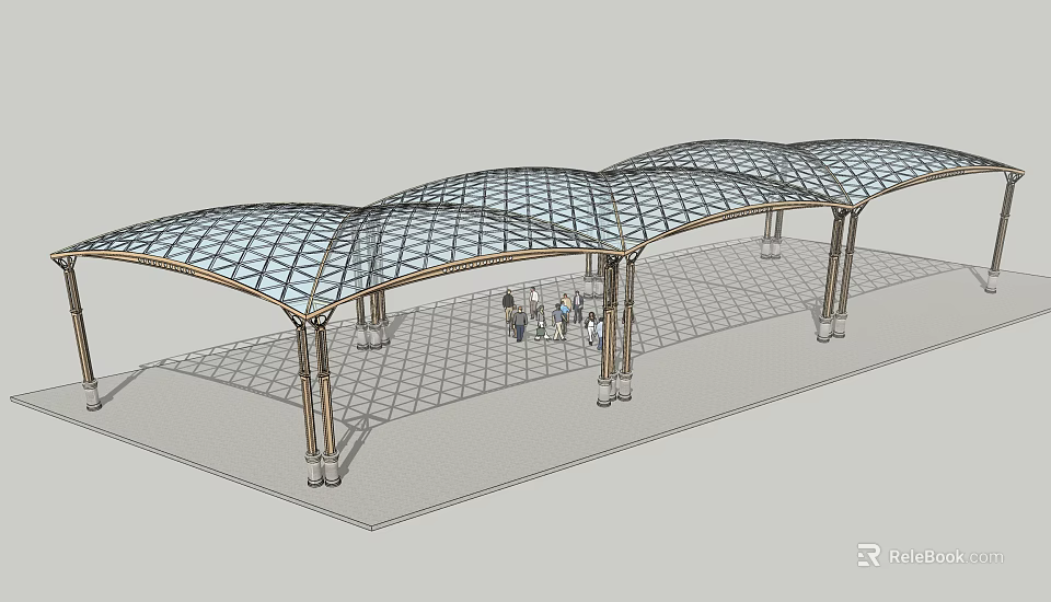 Modern Pergola with Curved Glass Roofs Supporting Columns Grid Patterned Flooring and People Below 3d model 