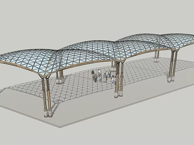 Modern Pergola with Curved Glass Roofs Supporting Columns Grid Patterned Flooring and People Below 3d model