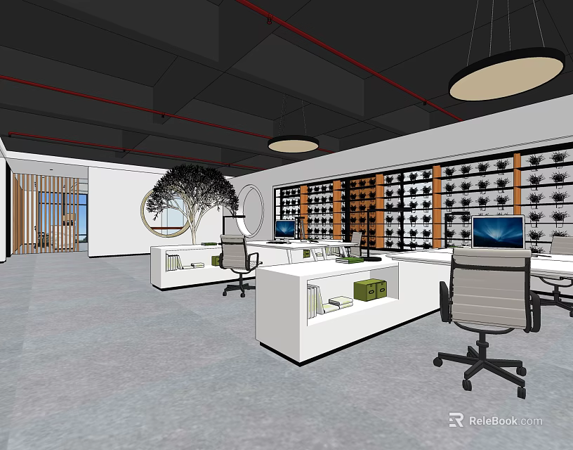 Modern Office Reception Area With White Desk Office Chairs Pendant Lights And Bookshelves 3d model 