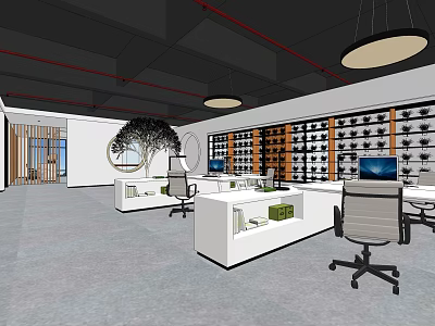 Modern Office Reception Area With White Desk Office Chairs Pendant Lights And Bookshelves 3d model