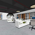Modern Office Reception Area With White Desk Office Chairs Pendant Lights And Bookshelves