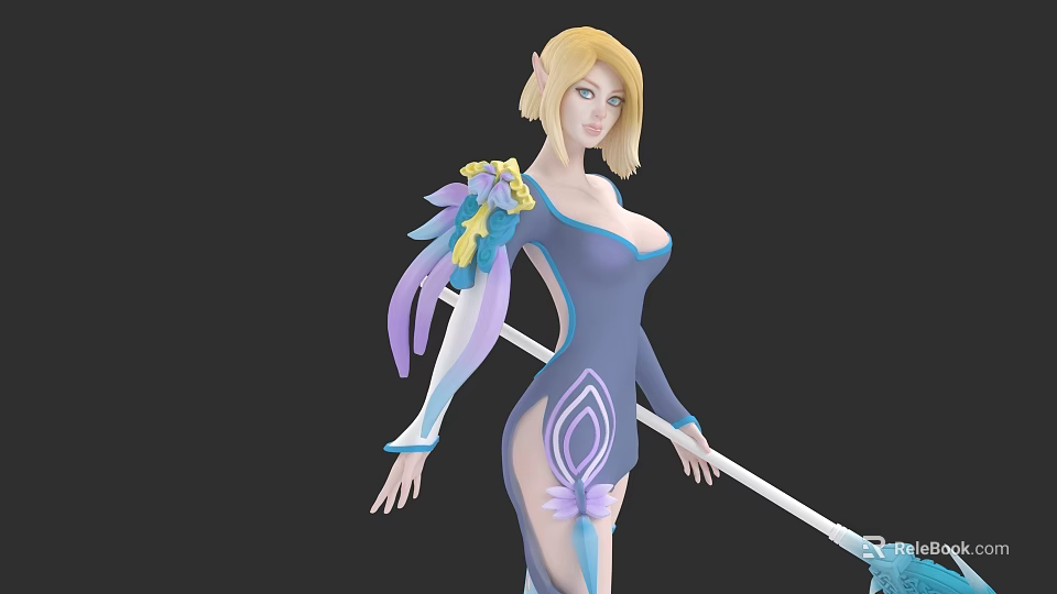Elegant Armchair With Blonde Female Character In Blue Outfit Holding Staff 3d model 