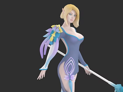 Elegant Armchair With Blonde Female Character In Blue Outfit Holding Staff 3d model