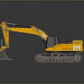 Yellow CAT Excavator With Tracks And Front Bucket On Gray Background