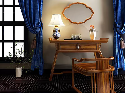Chinese Style Wooden Dressing Table With Blue Curtains Table Lamp Vase And Chair 3d model