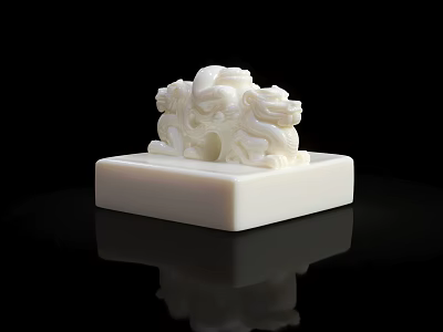 White Jade Sculpture Carving With Two Lion Like Animals On Square Base 3d model