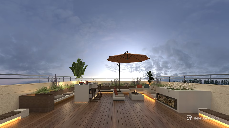 Roof Terrace Garden Landscape with Wooden Flooring Brown Umbrella and Lush Outdoor Plants 3d model 