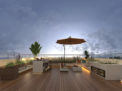 Roof Terrace Garden Landscape with Wooden Flooring Brown Umbrella and Lush Outdoor Plants 3d model