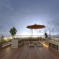 Roof Terrace Garden Landscape with Wooden Flooring Brown Umbrella and Lush Outdoor Plants