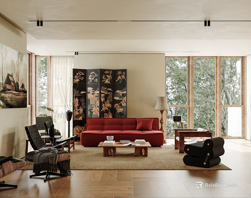 Elegant Living Room Interior With Red Sofa Black Decorative Screen and Floor to Ceiling Windows 3d model 