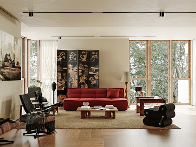 Elegant Living Room Interior With Red Sofa Black Decorative Screen and Floor to Ceiling Windows 3d model