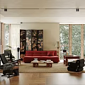 Elegant Living Room Interior With Red Sofa Black Decorative Screen and Floor to Ceiling Windows
