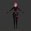 Woman with pink hair in black tight outfit with pink accents standing against gray background