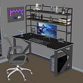 Gaming Entertainment Desk Setup With RGB LED Lights Monitor Action Figures And Ergonomic Chair