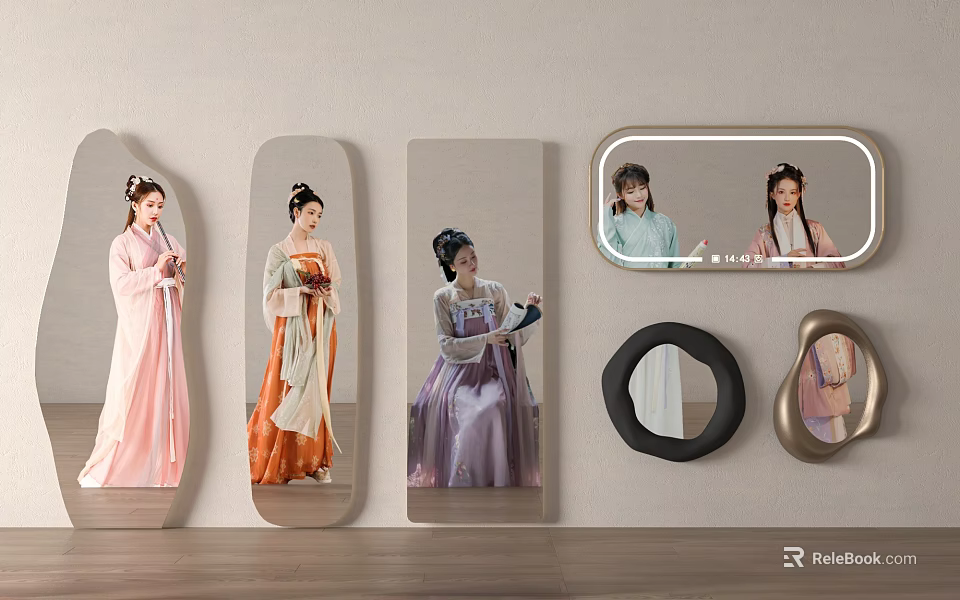 Decorative Mirrors With Various Shapes Reflecting Women In Traditional Clothing On Wall 3d model 