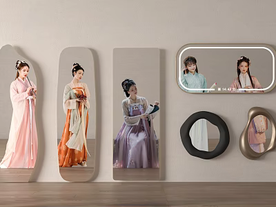 Decorative Mirrors With Various Shapes Reflecting Women In Traditional Clothing On Wall 3d model