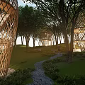 Bamboo Pergola With Woven Dome Structure Among Green Trees In Natural Park For Recreational Activities