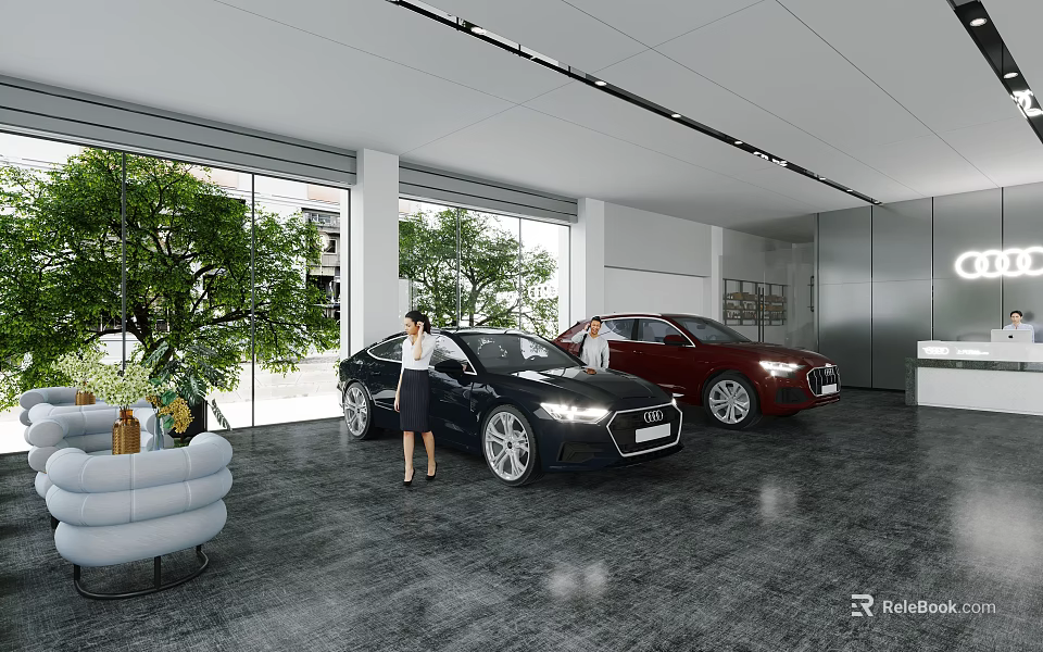 Modern Car Dealership Showroom With Black Red Cars Salesperson Spacious Interior And Green Plants 3d model 