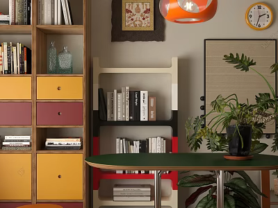 Colorful Home Interior With Bookshelves Vibrant Drawers Orange Lamp Green Plant And Clock 3d model