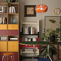 Colorful Home Interior With Bookshelves Vibrant Drawers Orange Lamp Green Plant And Clock