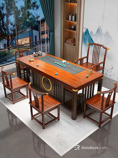 Chinese Traditional Solid Wood Tea Table And Chairs With Tea Set And Decorative Details 3d model 