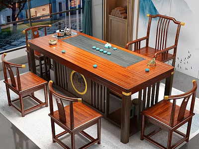 Chinese Traditional Solid Wood Tea Table And Chairs With Tea Set And Decorative Details 3d model