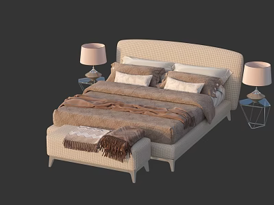 Elegant Double Bed With Upholstered Headboard Bedspread Pillows Nightstands Table Lamps And Bed Bench 3d model