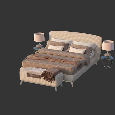 Elegant Double Bed With Upholstered Headboard Bedspread Pillows Nightstands Table Lamps And Bed Bench 3d model