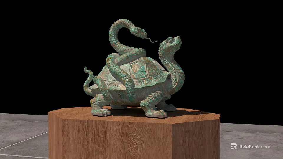 Intricate Ancient Bronze Sculpture Featuring Turtle And Snake On Wooden Pedestal 3d model 