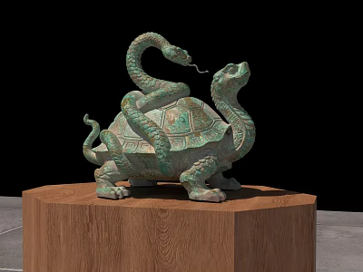 Intricate Ancient Bronze Sculpture Featuring Turtle And Snake On Wooden Pedestal 3d model