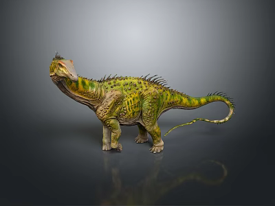 Green Spotted Dinosaur With Spiked Back And Horned Head Standing On Gray Background 3d model