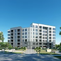 Modern Style Multi Storey Apartment Building With Green Plants Spacious Courtyard And Blue Sky