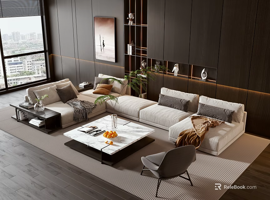 Elegant Modern Sofa and Coffee Table Set with Marble Top Decorative Plants and Throw Pillows 3d model 