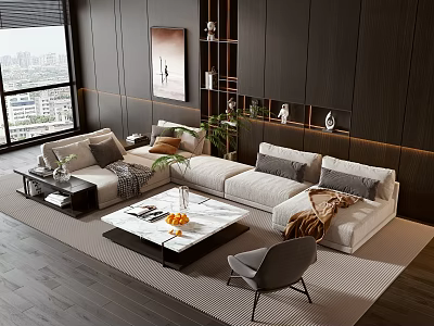 Elegant Modern Sofa and Coffee Table Set with Marble Top Decorative Plants and Throw Pillows 3d model