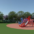 Golden Crane Shaped Play Equipment With Slides In Outdoor Park Green Lawn And Trees