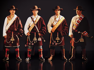 Group of Four Men in Traditional Ethnic Costumes With Hats Robes and Decorative Ornaments 3d model