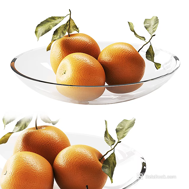 Fresh Ripe Oranges in Transparent Glass Bowl with Green Leaves 3d model 