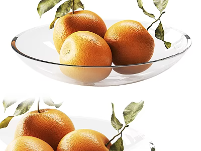 Fresh Ripe Oranges in Transparent Glass Bowl with Green Leaves 3d model
