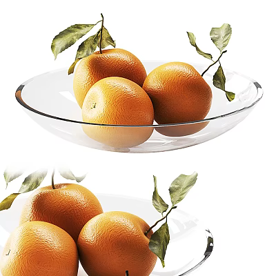 Fresh Ripe Oranges in Transparent Glass Bowl with Green Leaves 3d model