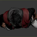 Man In Red Black Jacket White T Shirt Black Pants White Sneakers On Grey Background
