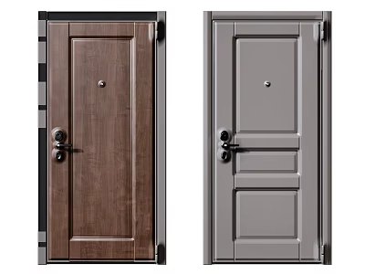 Classic Wooden Swing Doors in Brown and Gray with Handle and Panel Design 3d model
