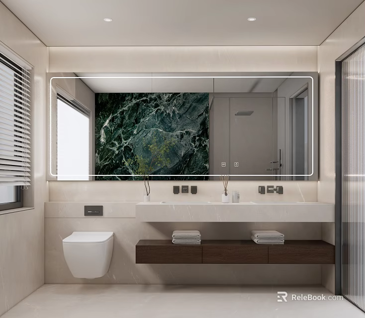 Modern Bathroom Interior With Large Mirror Marble Wall Vanity And Wall Mounted Toilet 3d model 