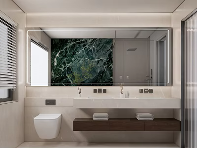 Modern Bathroom Interior With Large Mirror Marble Wall Vanity And Wall Mounted Toilet 3d model